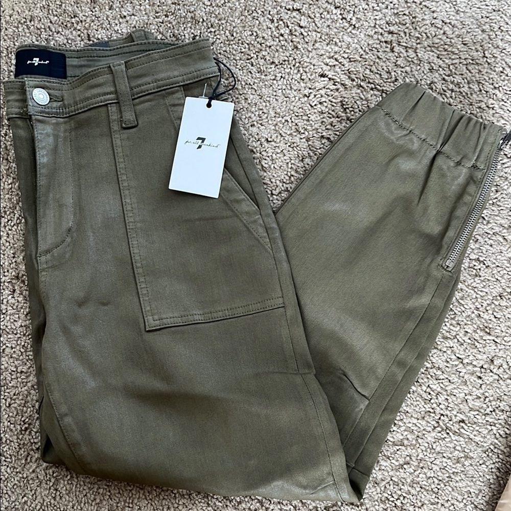 7 For All Mankind NWT Olive Green Jogger Darted Boyfriend Coated Pants